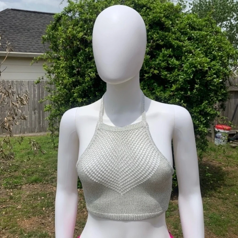 💋NWT Lovers + friends silver metallic halter bikini swim top - Picture 2 of 13